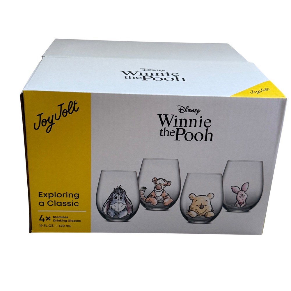 NEW JoyJolt Disney Winnie the Pooh 4pc Stemless Glass Set Eeyore Tigger Piglet